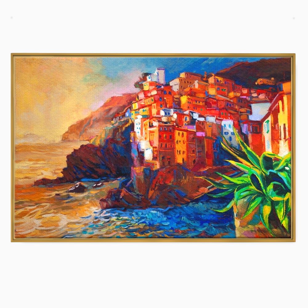 Tablou canvas cu tablou canvas cu oras pe stanci, in rama de aluminiu auriu