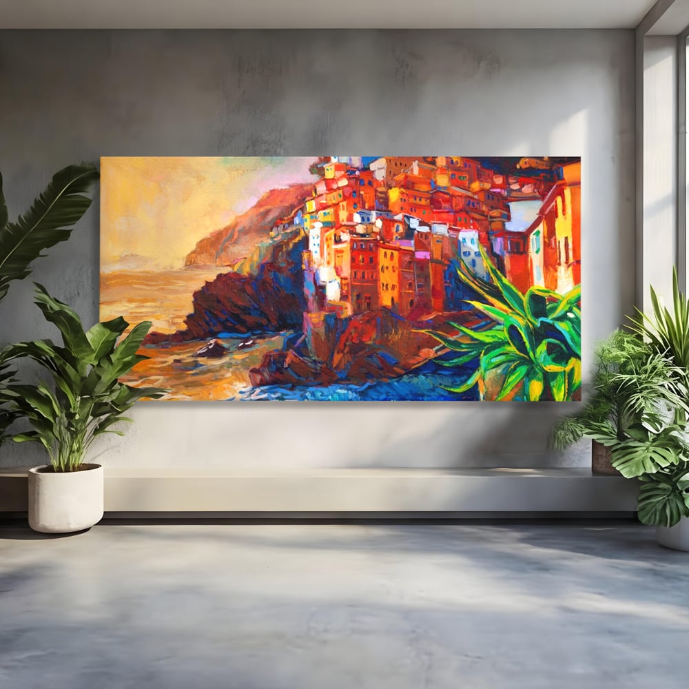 Tablou canvas cu tablou canvas cu oras pe stanci, fara rama, pe sasiu de lemn