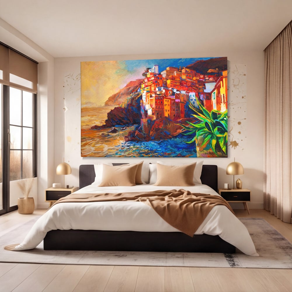 Tablou canvas cu tablou canvas cu oras pe stanci, fara rama, pe sasiu de lemn, pe perete intr-un dormitor