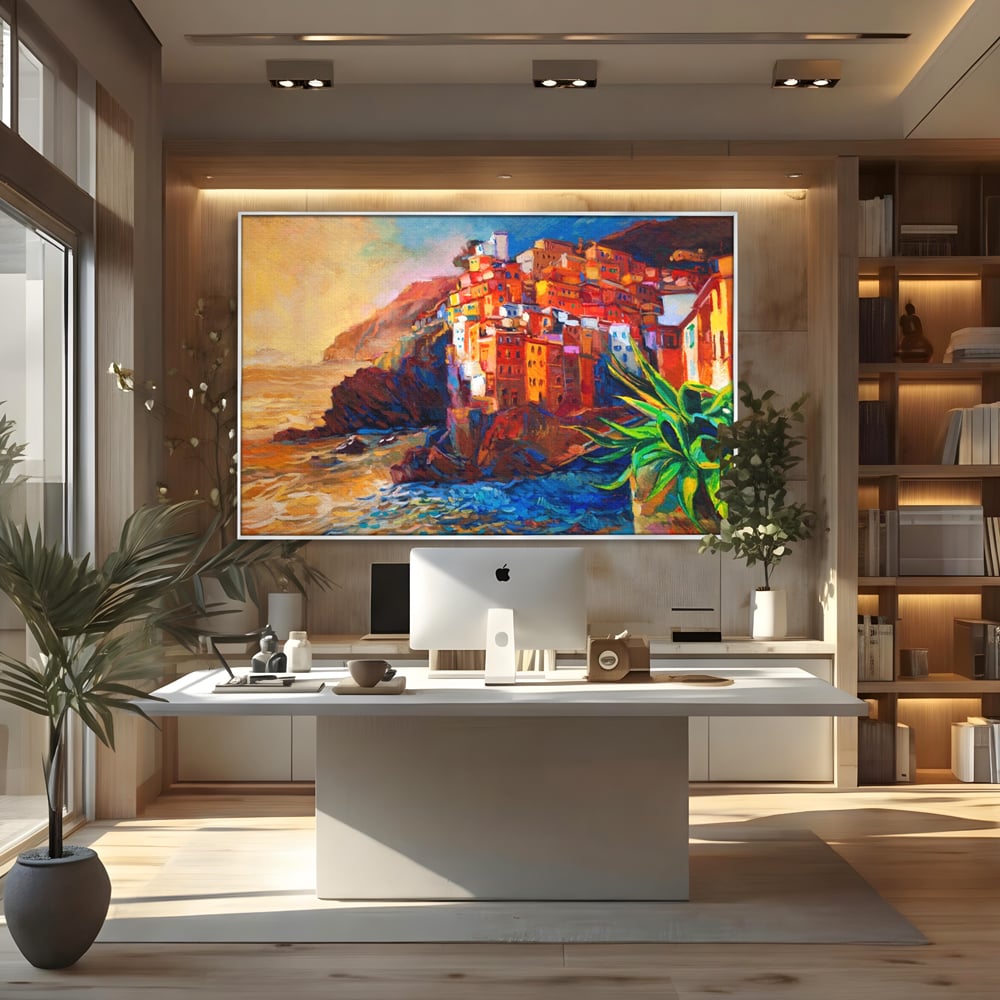 Tablou canvas cu tablou canvas cu oras pe stanci, in rama de aluminiu argintiu, pe perete intr-un birou