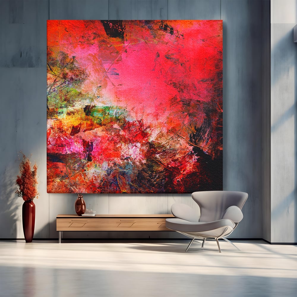 Tablou canvas cu pictura abstracta in nuante de rosu, fara rama, pe sasiu de lemn
