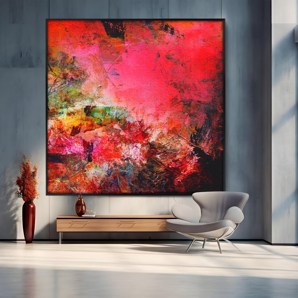 Tablou canvas cu pictura abstracta in nuante de rosu, in rama de aluminiu negru