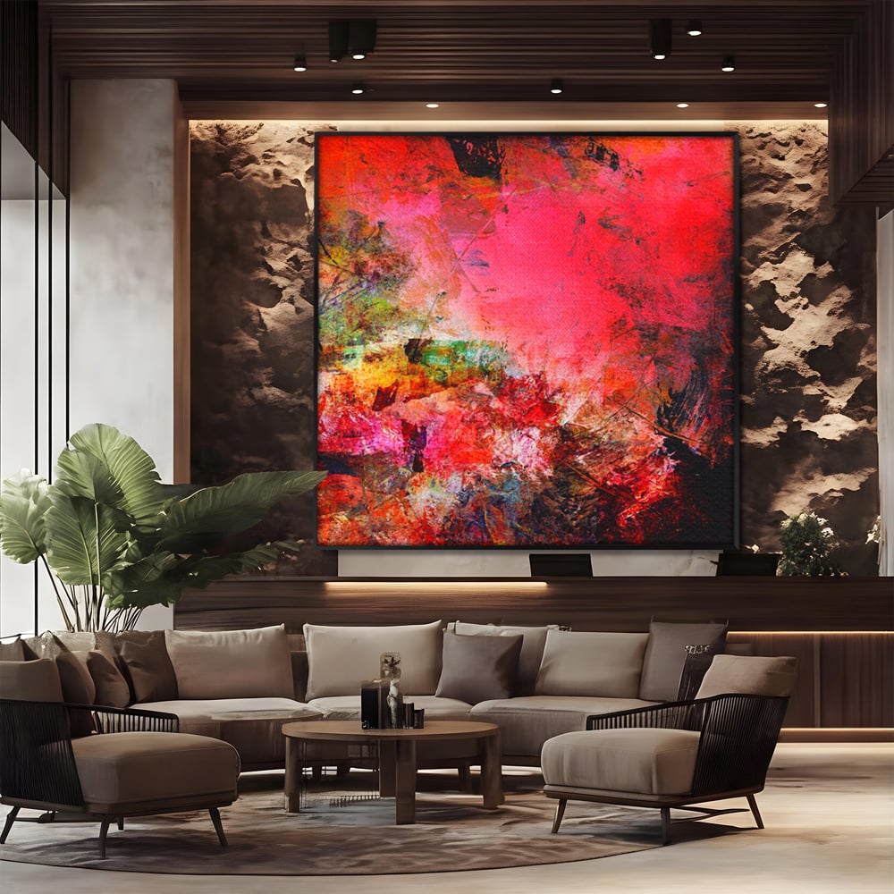 Tablou canvas cu pictura abstracta in nuante de rosu, in rama de aluminiu negru, pe perete intr-un birou