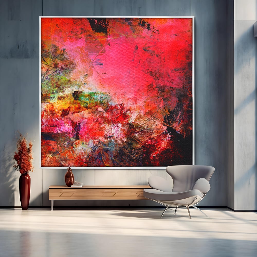 Tablou canvas cu pictura abstracta in nuante de rosu, in rama de aluminiu argintiu