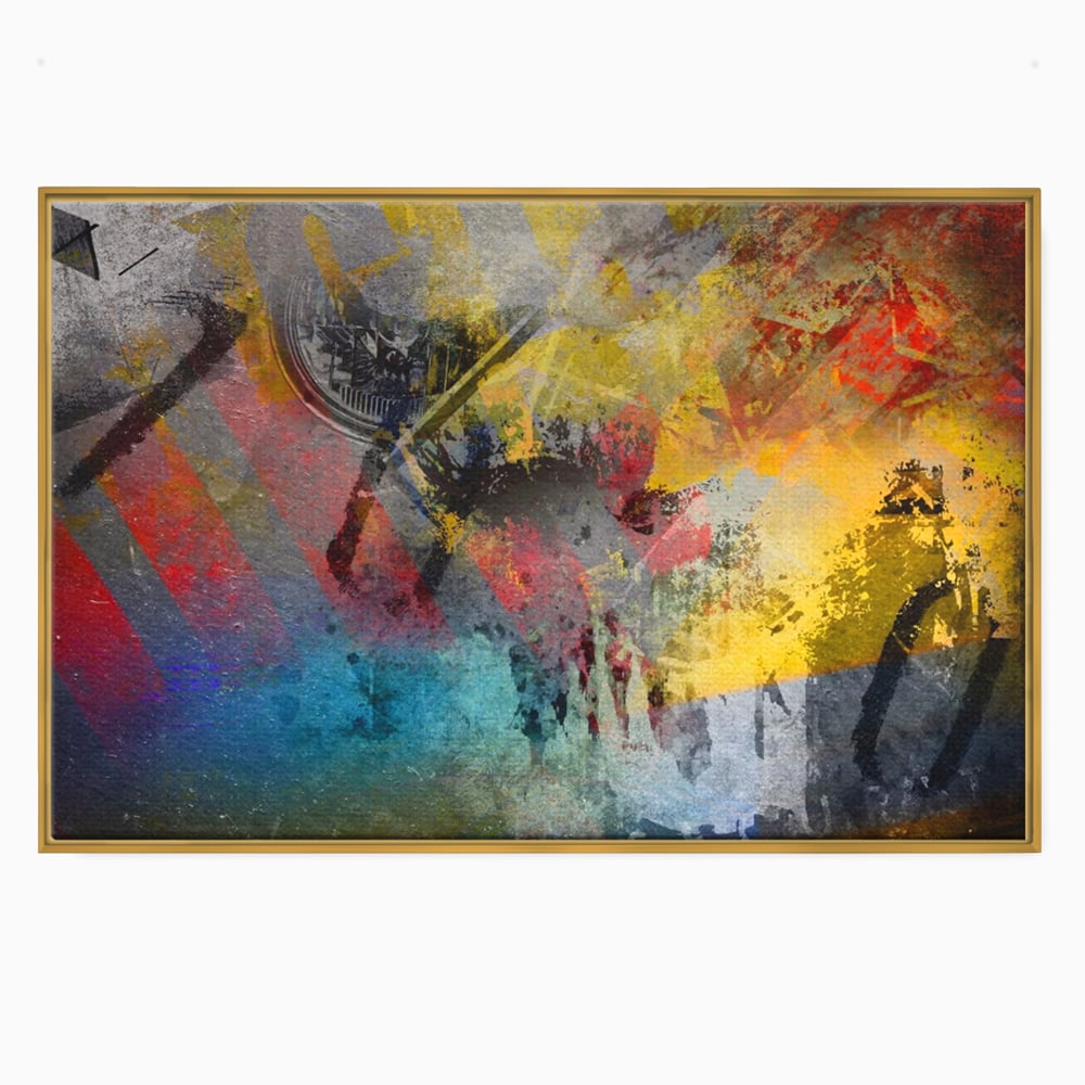 Tablou canvas cu pictura abstracta cu pete vibrante, in rama de aluminiu auriu