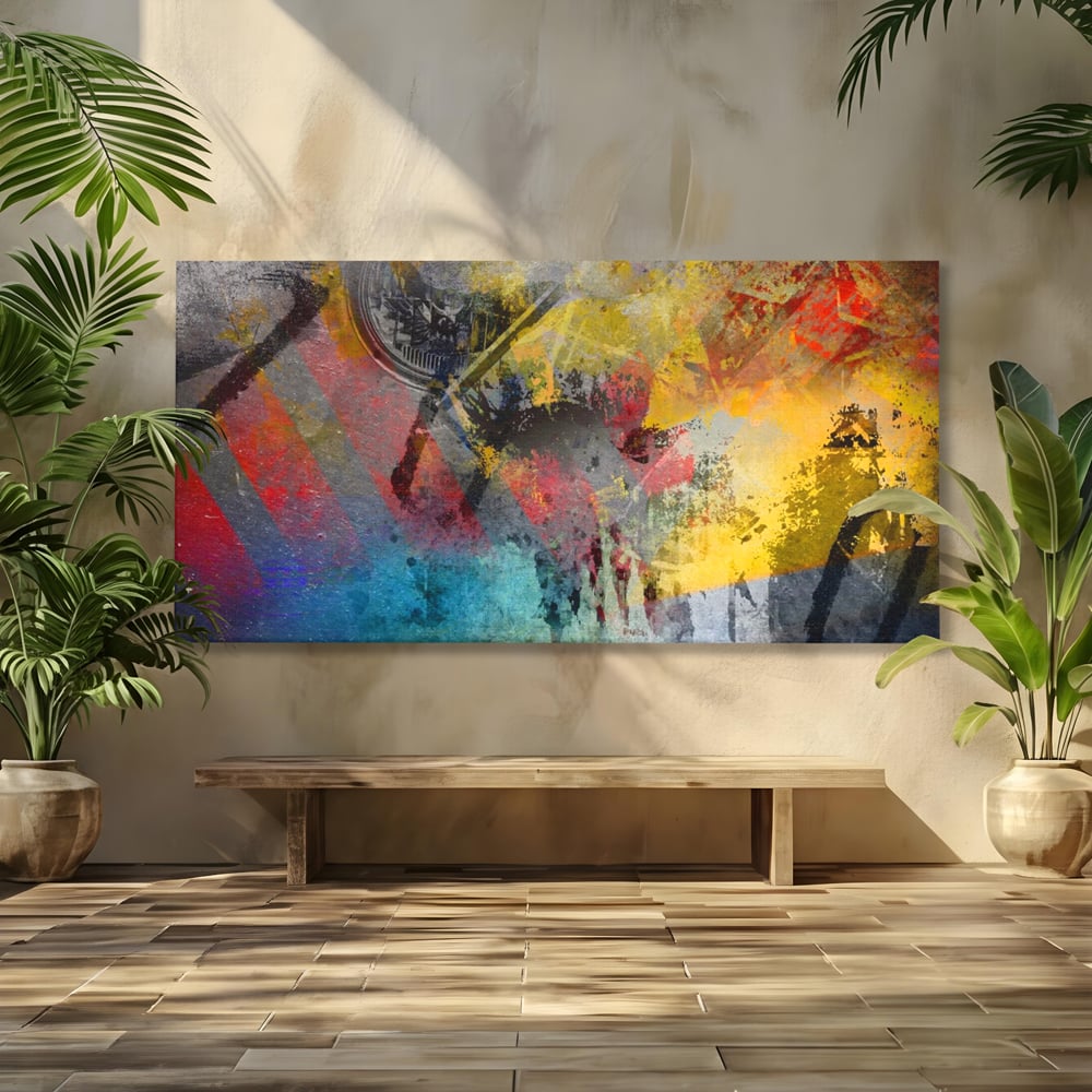 Tablou canvas cu pictura abstracta cu pete vibrante, fara rama, pe sasiu de lemn