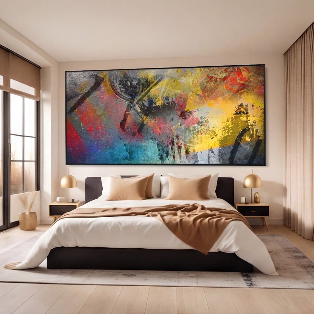 Tablou canvas cu pictura abstracta cu pete vibrante, in rama de aluminiu negru, pe perete intr-un dormitor
