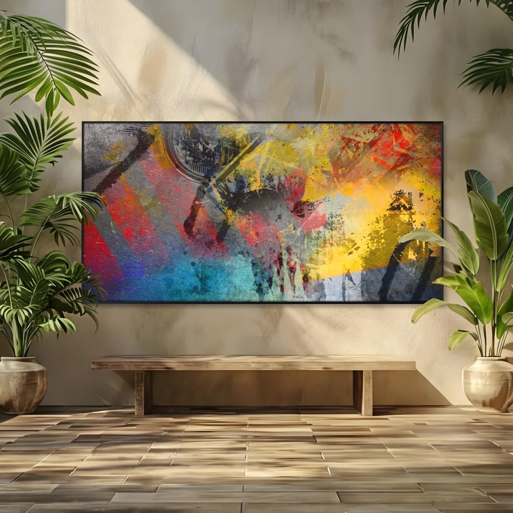 Tablou canvas cu pictura abstracta cu pete vibrante, in rama de aluminiu negru