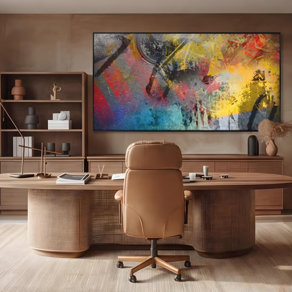 Tablou canvas cu pictura abstracta cu pete vibrante, in rama de aluminiu negru, pe perete intr-un birou