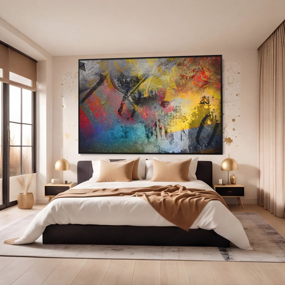 Tablou canvas cu pictura abstracta cu pete vibrante, in rama de aluminiu negru, pe perete intr-un dormitor