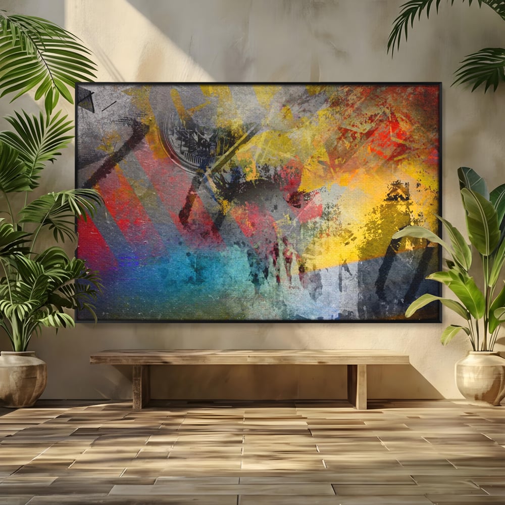 Tablou canvas cu pictura abstracta cu pete vibrante, in rama de aluminiu negru