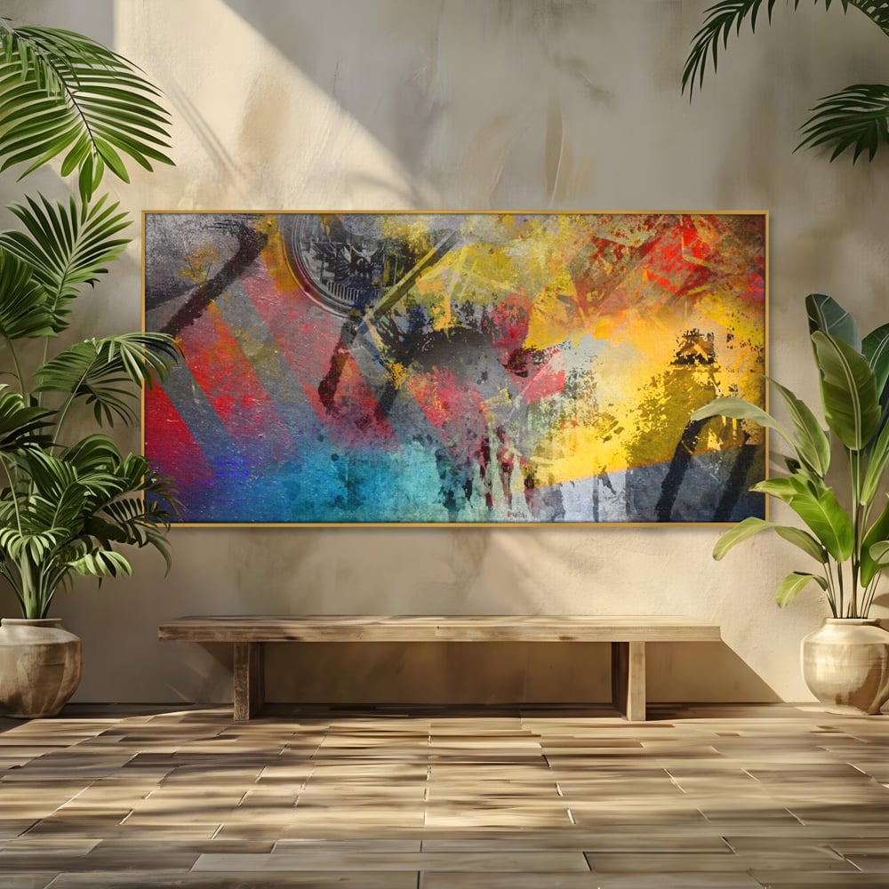 Tablou canvas cu pictura abstracta cu pete vibrante, in rama de aluminiu auriu