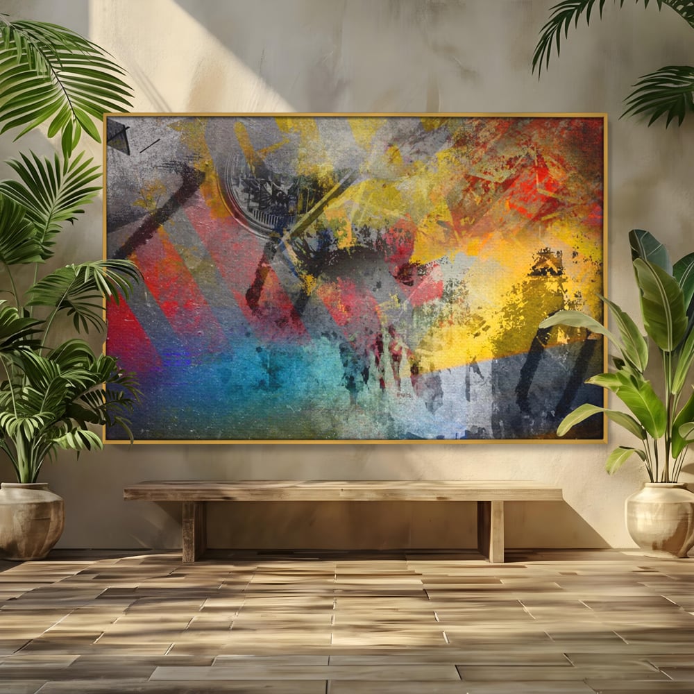 Tablou canvas cu pictura abstracta cu pete vibrante, in rama de aluminiu auriu