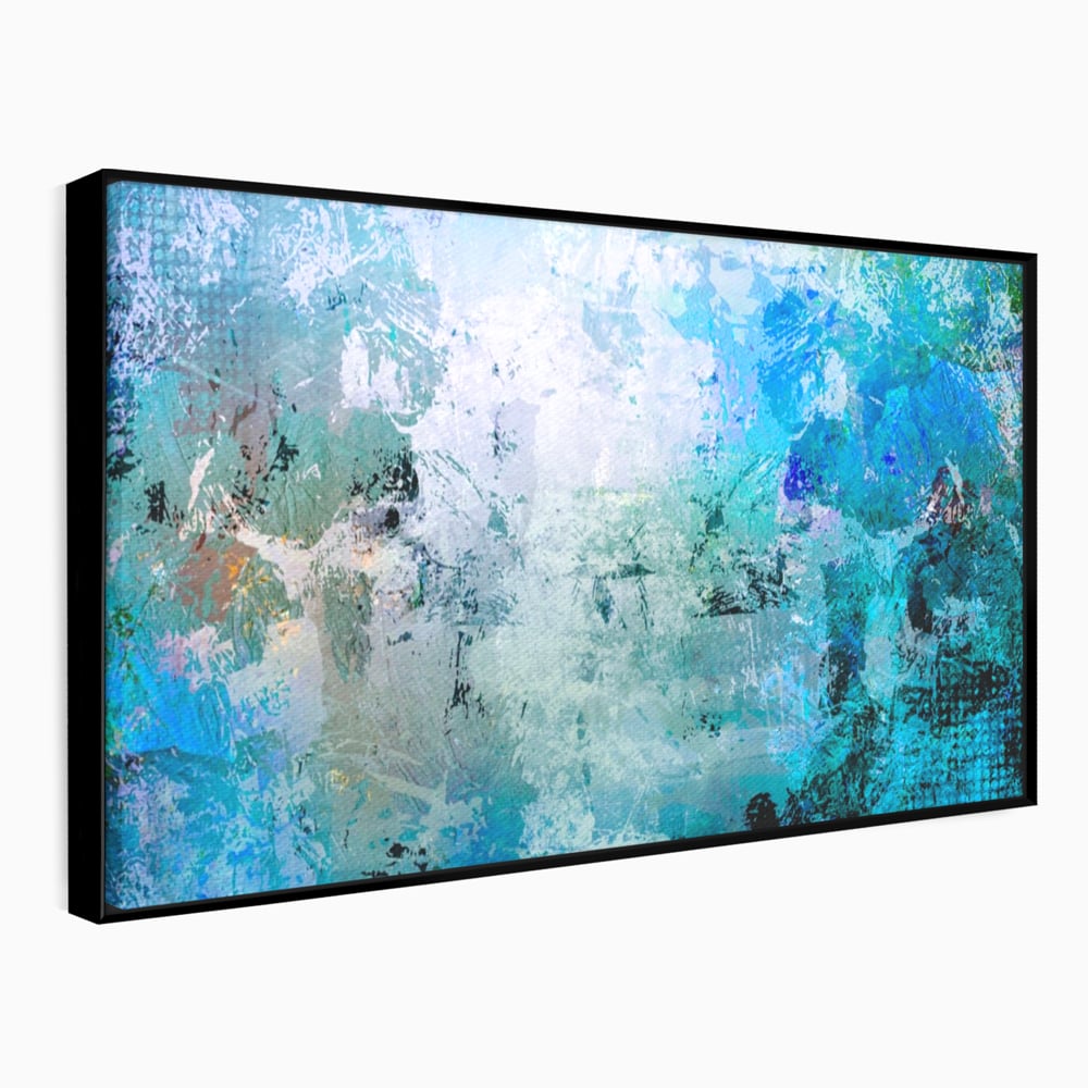 Tablou canvas cu pictura abstracta cu pete de albastru, in rama de aluminiu negru