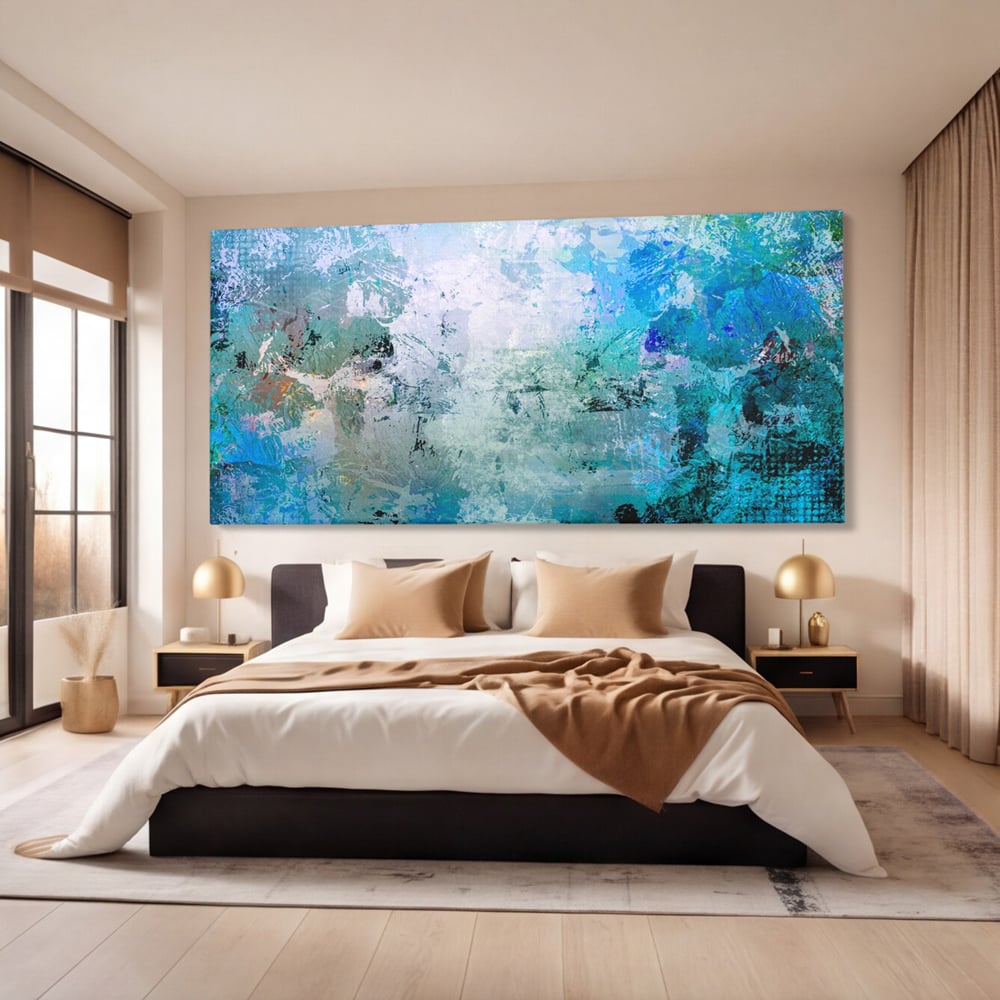 Tablou canvas cu pictura abstracta cu pete de albastru, fara rama, pe sasiu de lemn, pe perete intr-un dormitor