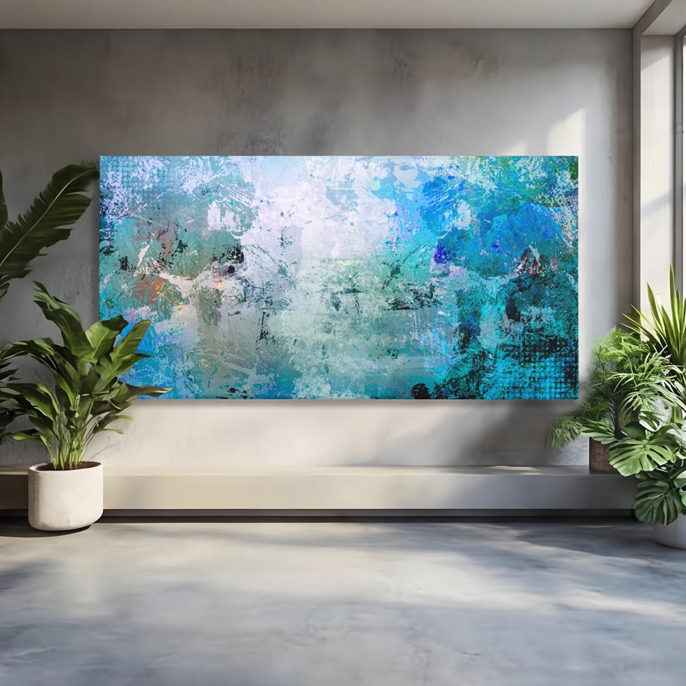 Tablou canvas cu pictura abstracta cu pete de albastru, fara rama, pe sasiu de lemn
