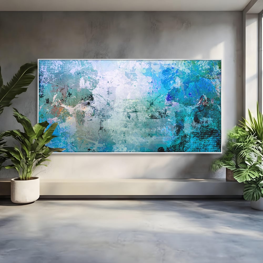 Tablou canvas cu pictura abstracta cu pete de albastru, in rama de aluminiu argintiu