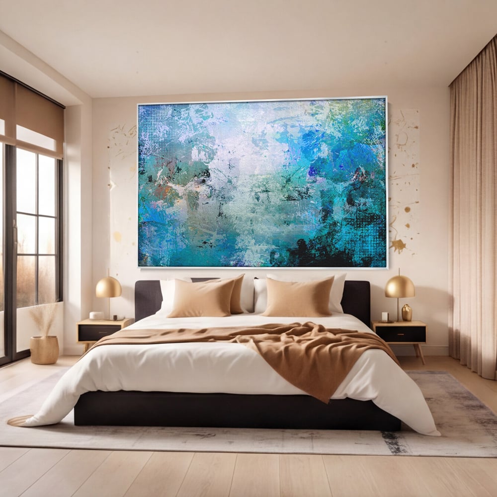 Tablou canvas cu pictura abstracta cu pete de albastru, in rama de aluminiu argintiu, pe perete intr-un dormitor