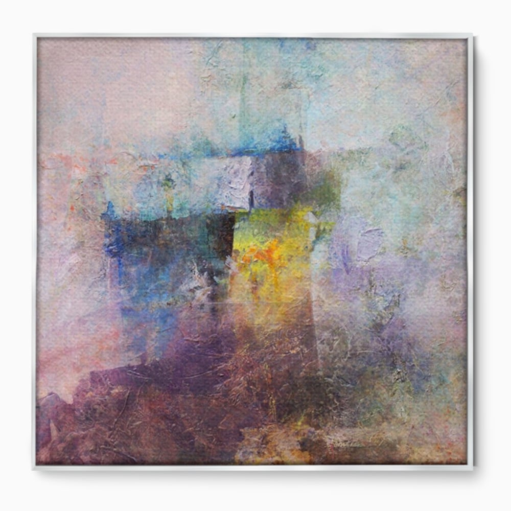 Tablou canvas cu pictura abstracta cu pete mov si albastre, in rama de aluminiu argintiu