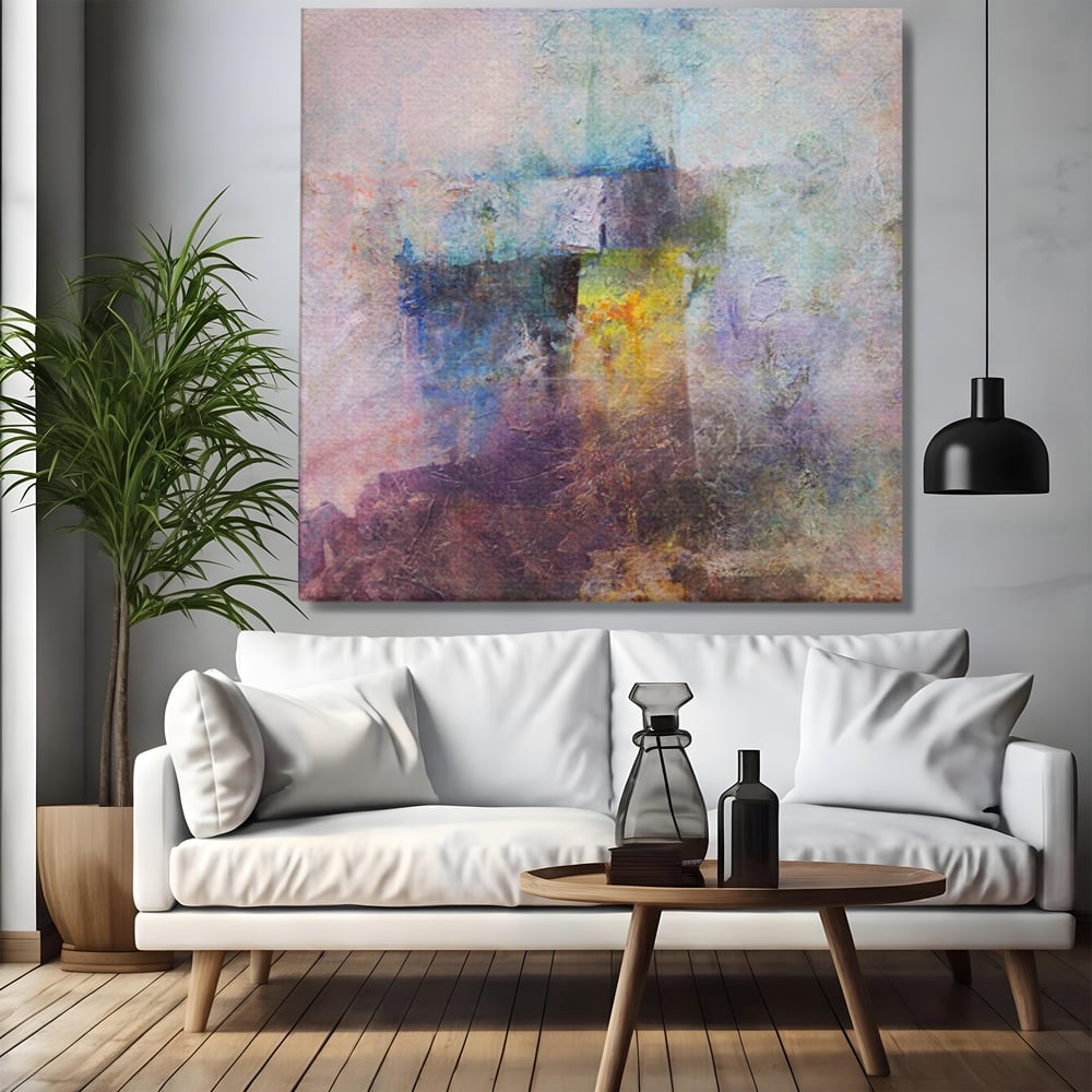 Tablou canvas cu pictura abstracta cu pete mov si albastre, fara rama, pe sasiu de lemn, pe perete intr-un living