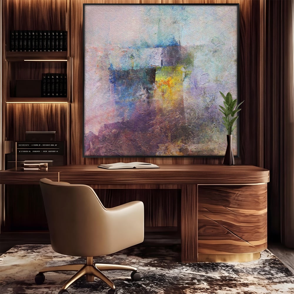 Tablou canvas cu pictura abstracta cu pete mov si albastre, in rama de aluminiu negru, pe perete intr-un birou