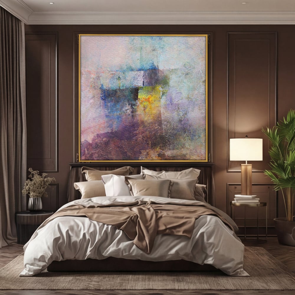 Tablou canvas cu pictura abstracta cu pete mov si albastre, in rama de aluminiu auriu, pe perete intr-un dormitor