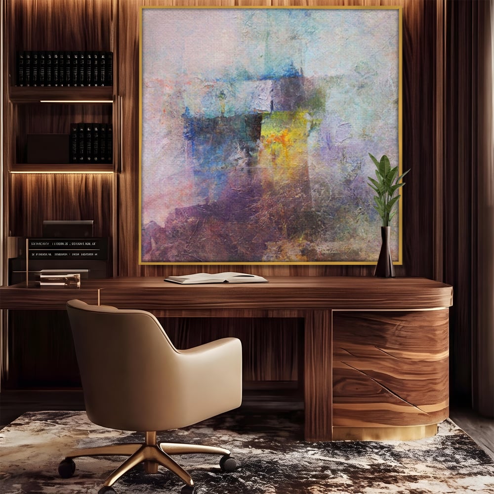 Tablou canvas cu pictura abstracta cu pete mov si albastre, in rama de aluminiu auriu, pe perete intr-un birou