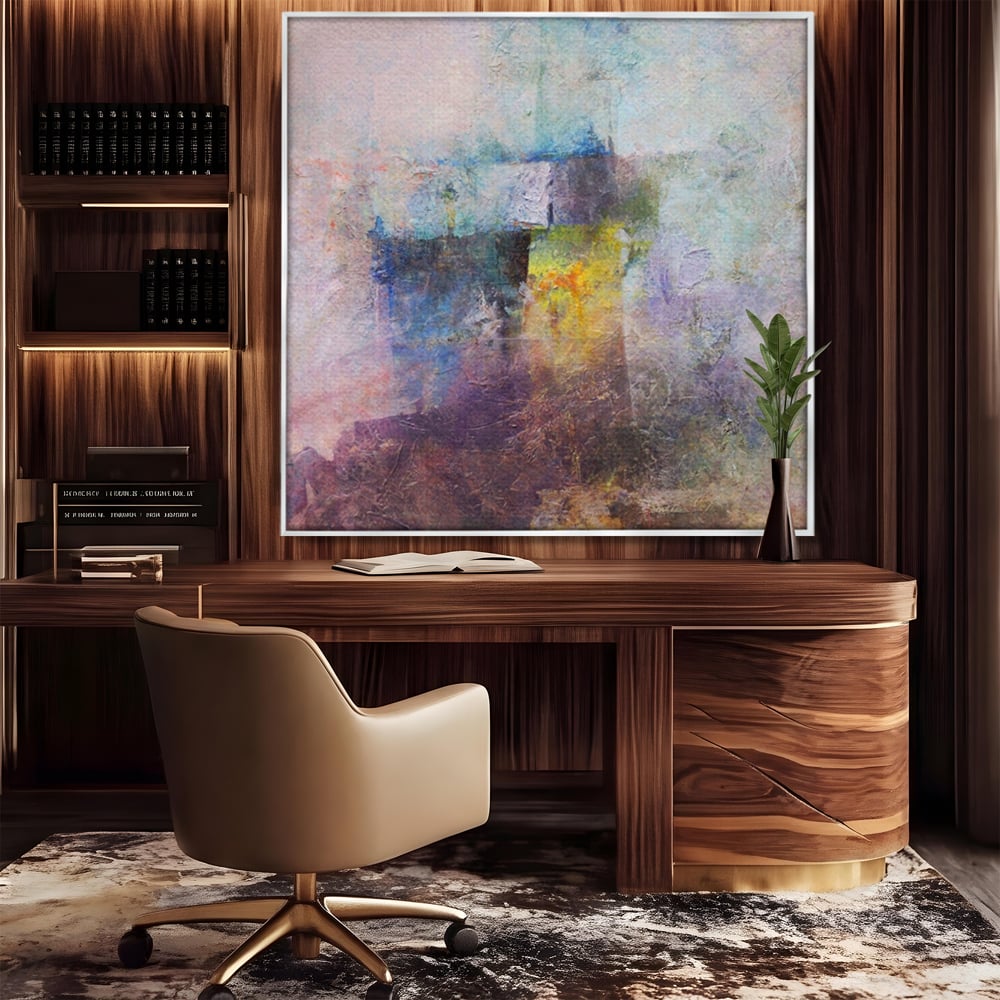 Tablou canvas cu pictura abstracta cu pete mov si albastre, in rama de aluminiu argintiu, pe perete intr-un birou