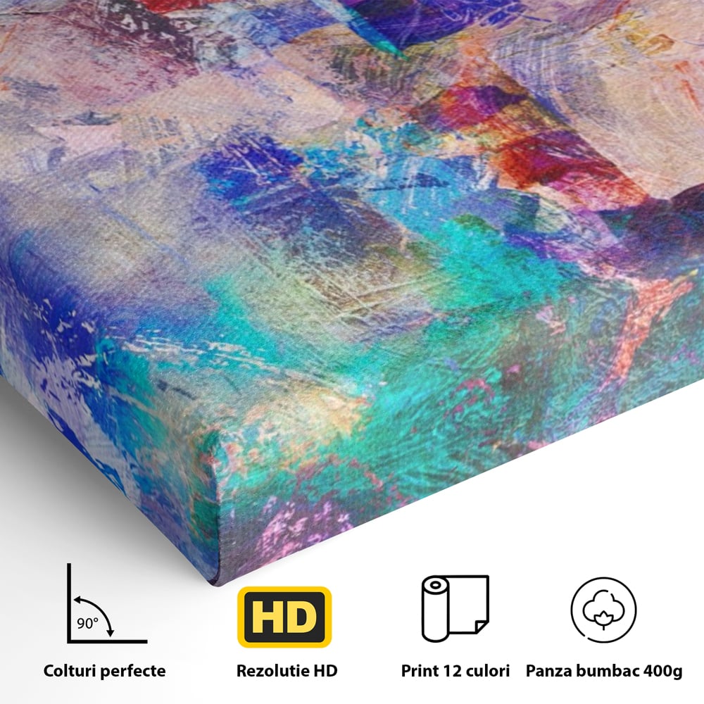Detaliu al suprafetei: pictura abstracta cu pete colorate, fara rama, pe sasiu de lemn