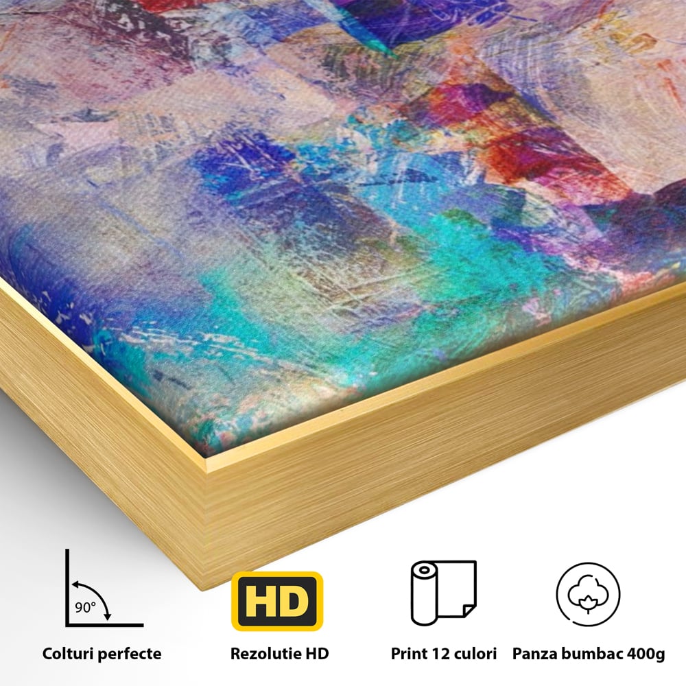 Detaliu al suprafetei: pictura abstracta cu pete colorate, in rama de aluminiu auriu