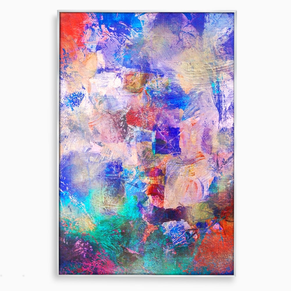 Tablou canvas cu pictura abstracta cu pete colorate, in rama de aluminiu argintiu