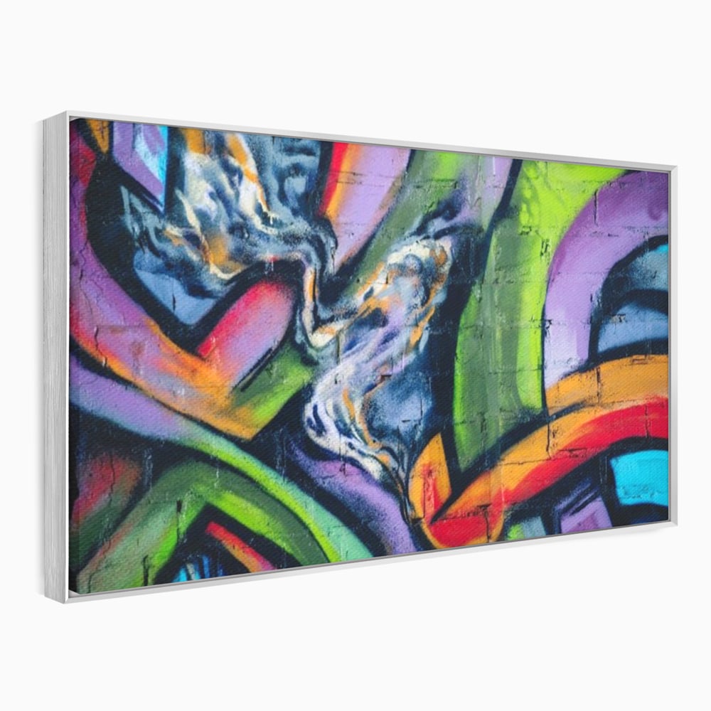 Tablou canvas cu tablou canvas cu graffiti abstract colorat, in rama de aluminiu argintiu