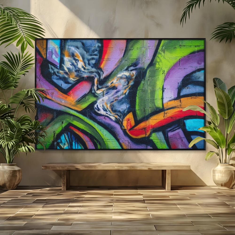 Tablou canvas cu tablou canvas cu graffiti abstract colorat, in rama de aluminiu negru