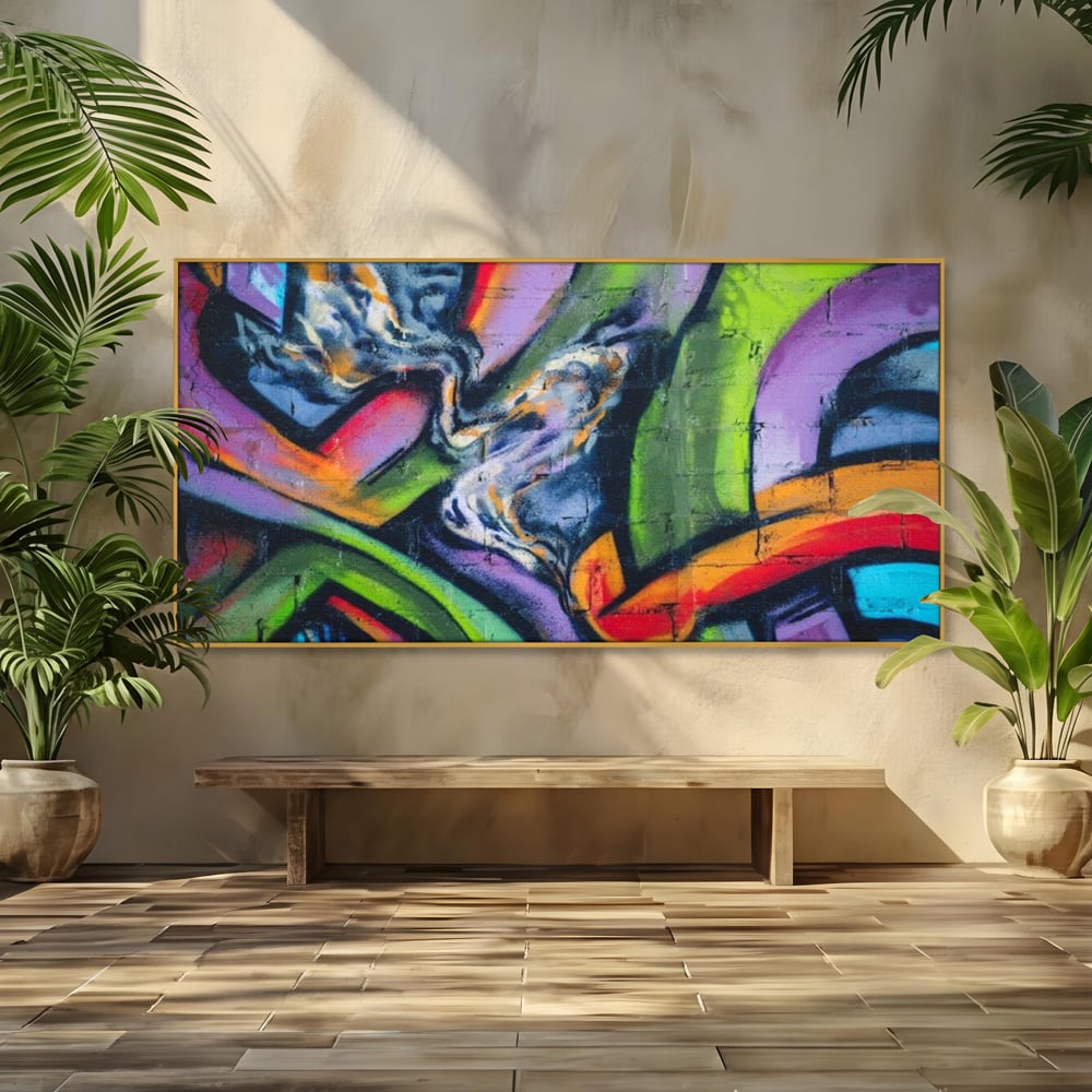 Tablou canvas cu tablou canvas cu graffiti abstract colorat, in rama de aluminiu auriu