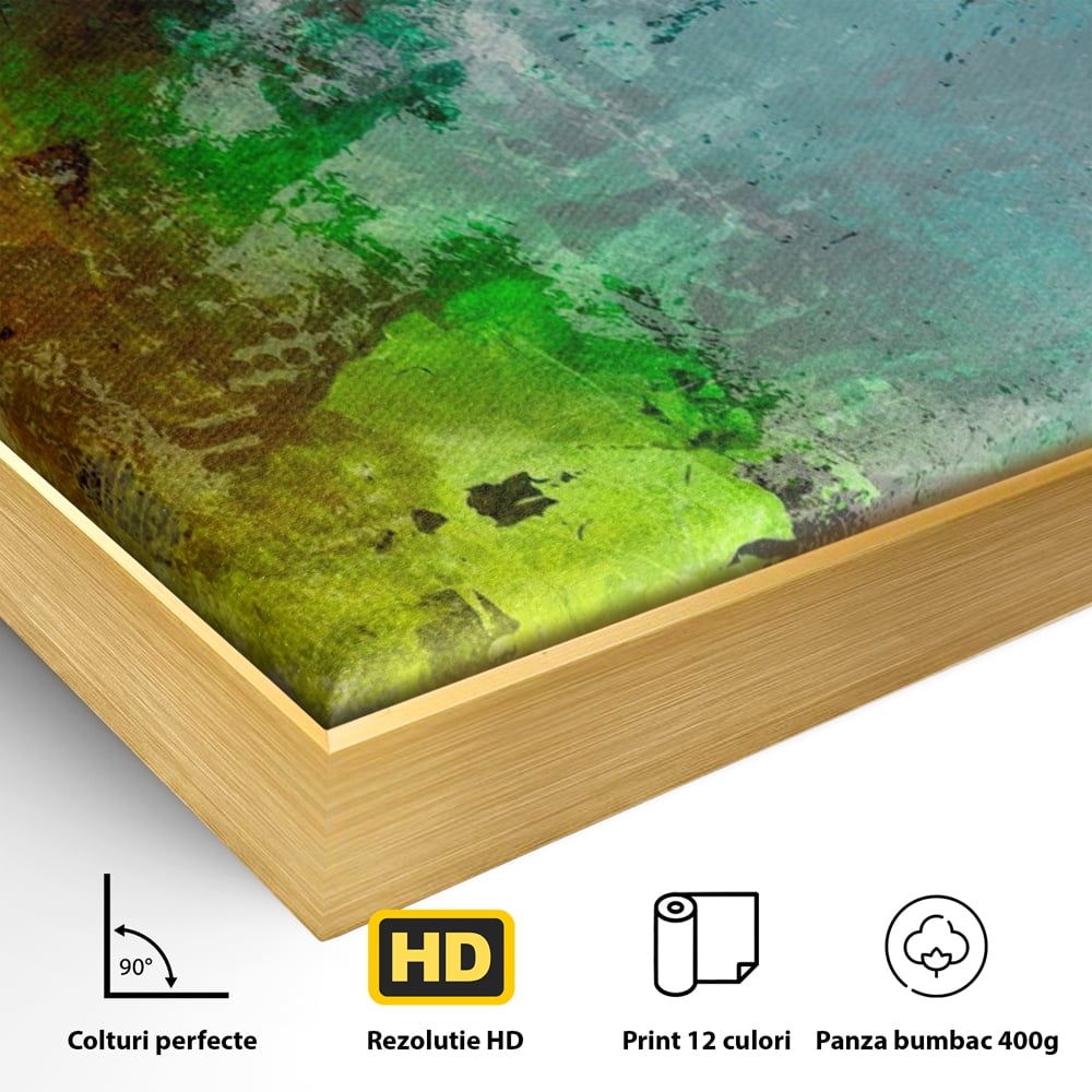 Detaliu al suprafetei: tablou canvas cu compozitie abstracta, in rama de aluminiu auriu