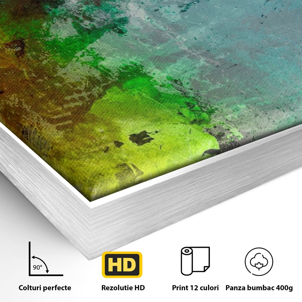 Detaliu al suprafetei: tablou canvas cu compozitie abstracta, in rama de aluminiu argintiu