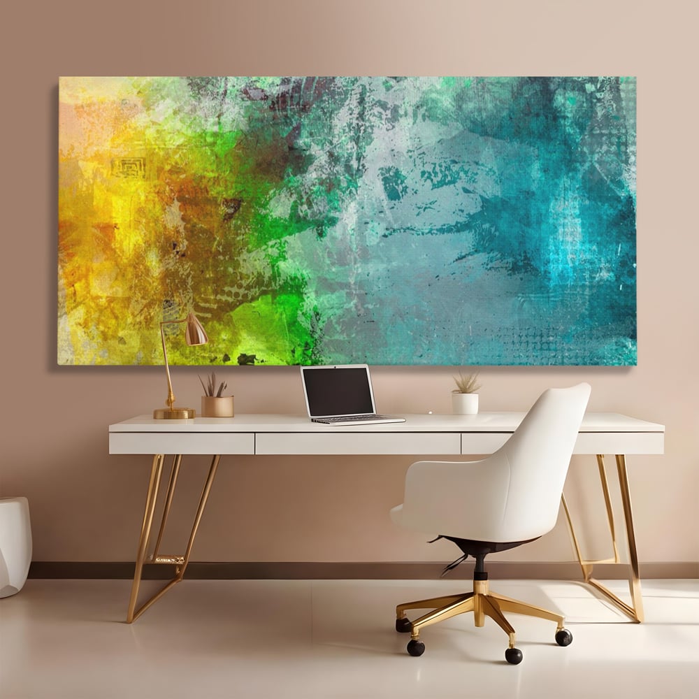 Tablou canvas cu tablou canvas cu compozitie abstracta, fara rama, pe sasiu de lemn, pe perete intr-un birou