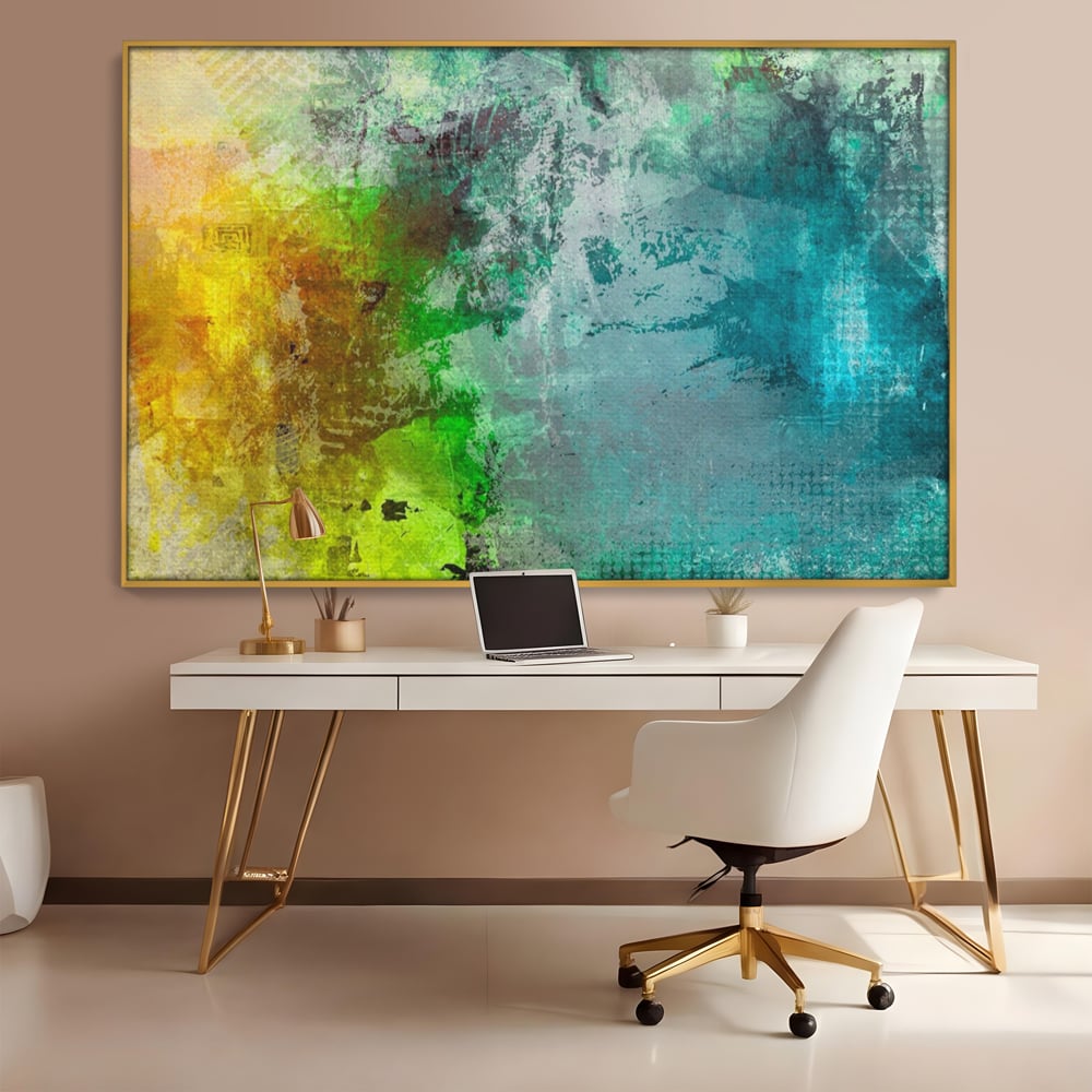 Tablou canvas cu tablou canvas cu compozitie abstracta, in rama de aluminiu auriu, pe perete intr-un birou