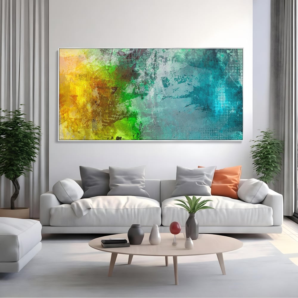 Tablou canvas cu tablou canvas cu compozitie abstracta, in rama de aluminiu argintiu, pe perete intr-un living