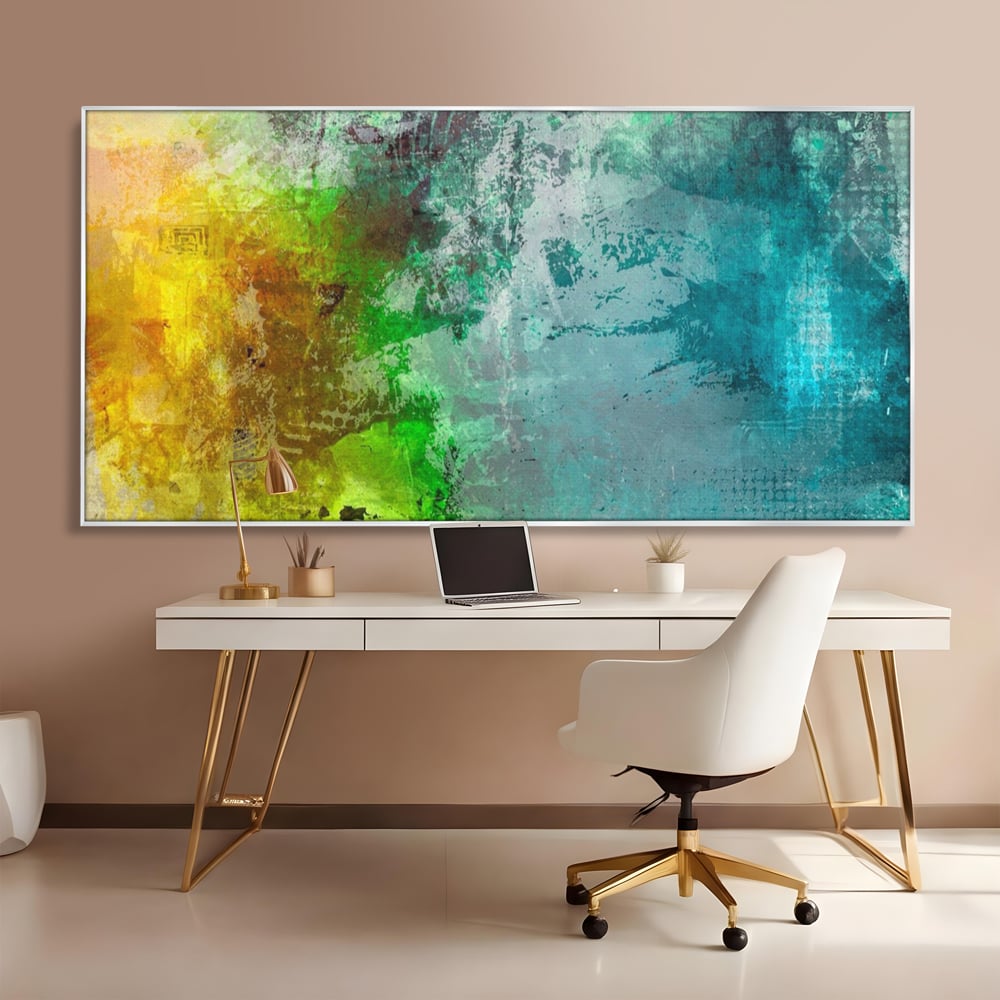 Tablou canvas cu tablou canvas cu compozitie abstracta, in rama de aluminiu argintiu, pe perete intr-un birou