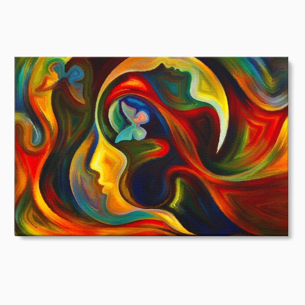 Tablou canvas cu pictura abstracta cu profil uman si fluturi, fara rama, pe sasiu de lemn