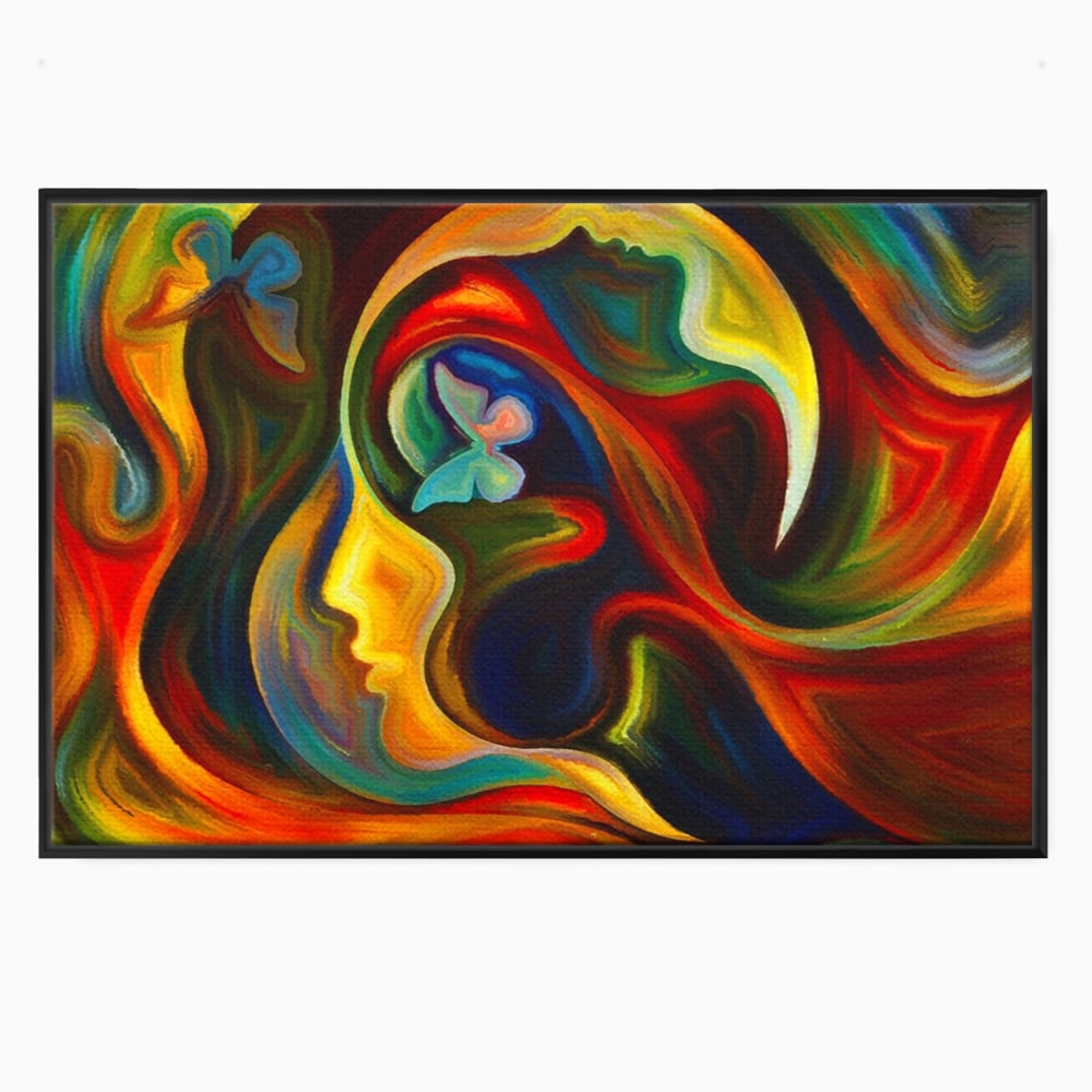 Tablou canvas cu pictura abstracta cu profil uman si fluturi, in rama de aluminiu negru