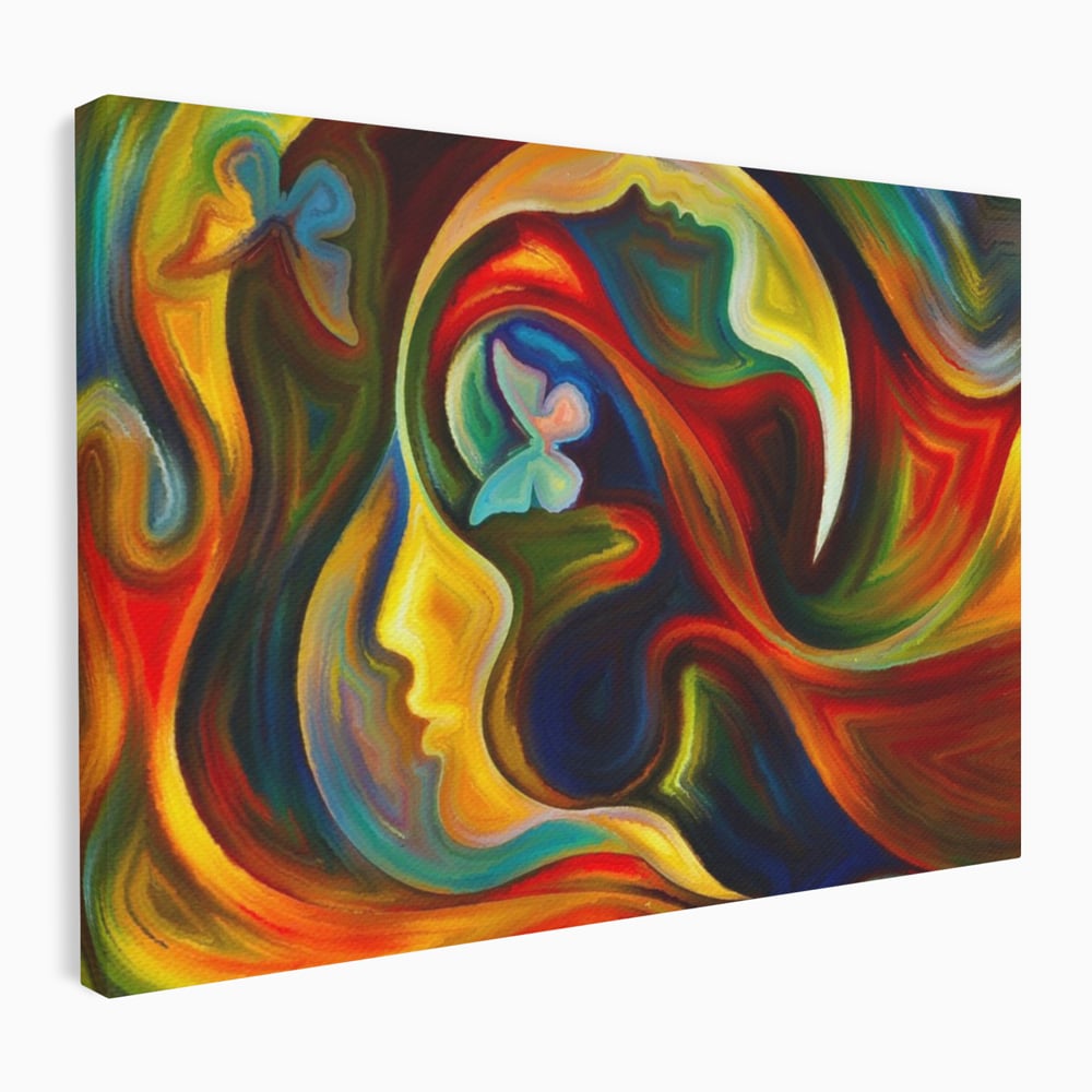Tablou canvas cu pictura abstracta cu profil uman si fluturi, fara rama, pe sasiu de lemn