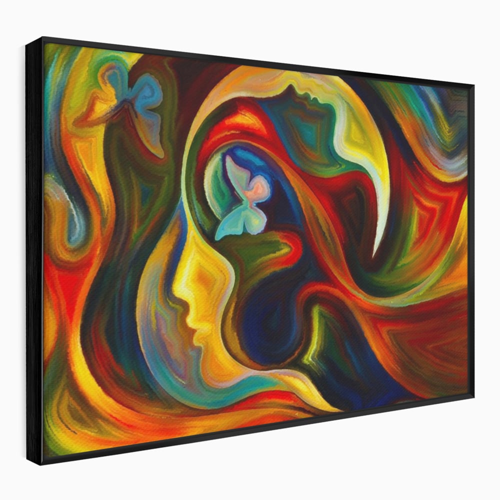 Tablou canvas cu pictura abstracta cu profil uman si fluturi, in rama de aluminiu negru