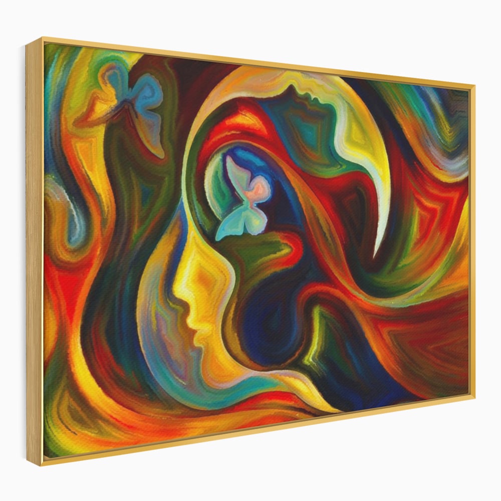 Tablou canvas cu pictura abstracta cu profil uman si fluturi, in rama de aluminiu auriu