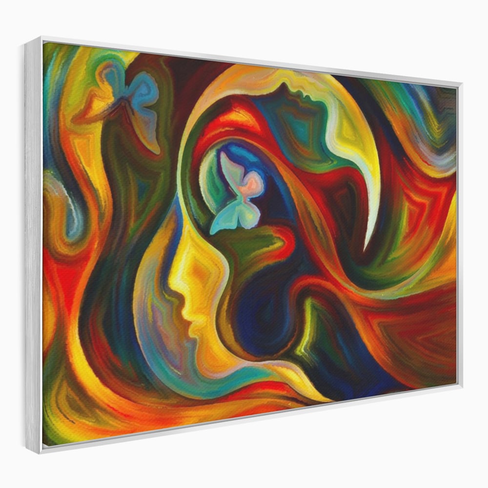 Tablou canvas cu pictura abstracta cu profil uman si fluturi, in rama de aluminiu argintiu