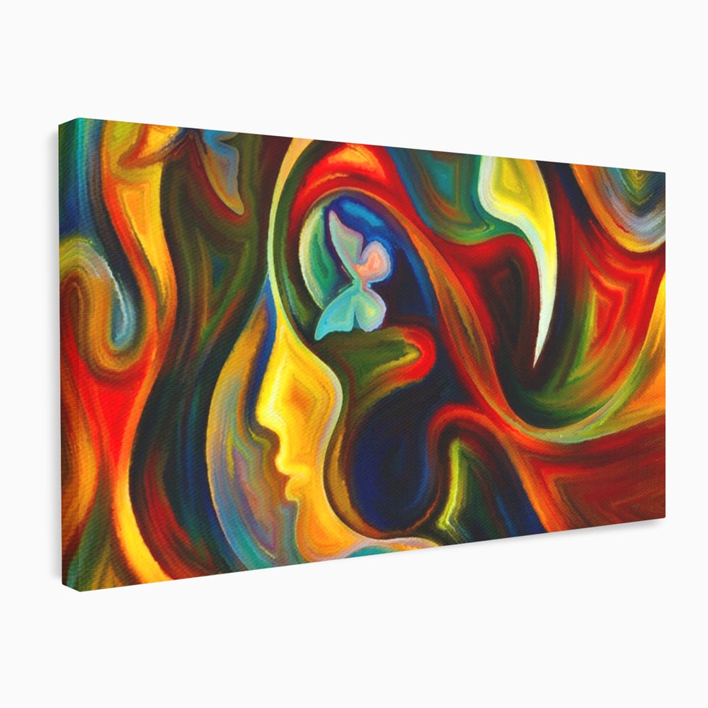 Tablou canvas cu pictura abstracta cu profil uman si fluturi, fara rama, pe sasiu de lemn