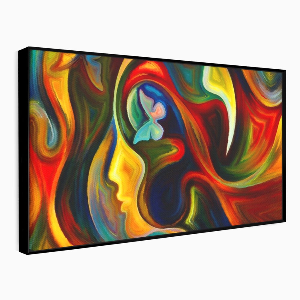 Tablou canvas cu pictura abstracta cu profil uman si fluturi, in rama de aluminiu negru