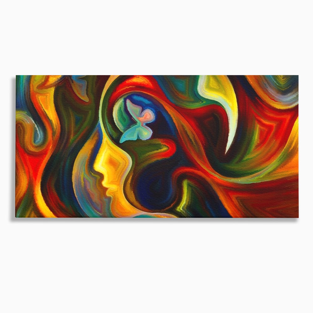 Tablou canvas cu pictura abstracta cu profil uman si fluturi, fara rama, pe sasiu de lemn