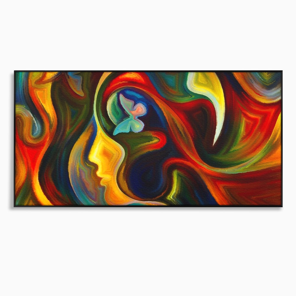 Tablou canvas cu pictura abstracta cu profil uman si fluturi, in rama de aluminiu negru